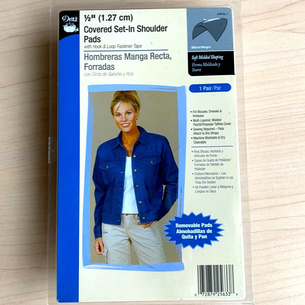Dritz 1/2” covered set-in shoulder pads with hook & loop fastener tape, black